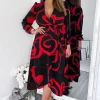 Black and Red Long Sleeve Wrap Midi Dress