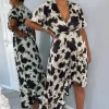 Black And Stone Abstract Print Wrap Midi Dress