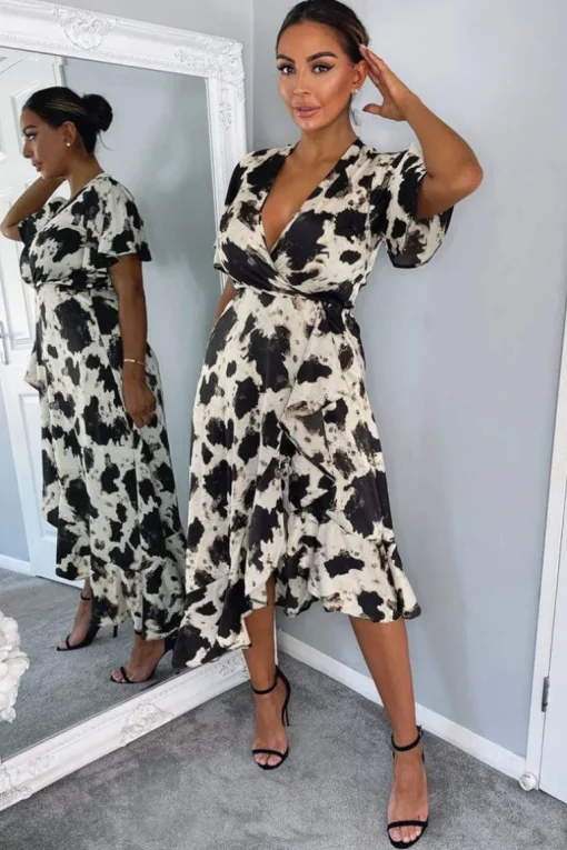 Black And Stone Abstract Print Wrap Midi Dress