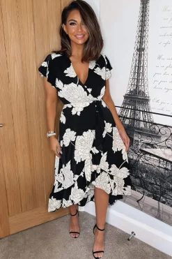 Black And Stone Floral Print Tie Side Wrap Midi Dress