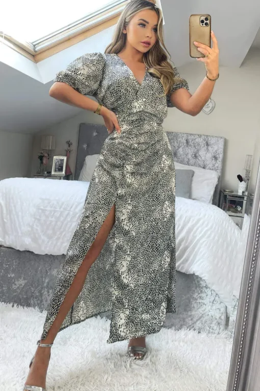Black And Stone Printed Ruched Side Midi Dress