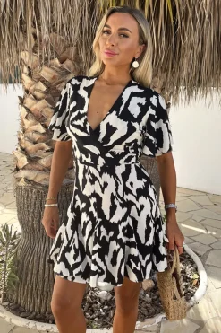 Black And White Abstract Print Wrap Top Skater Mini Dress