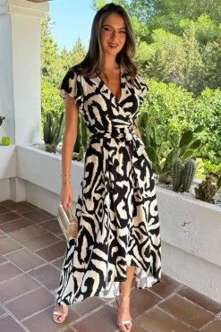 Black And White Abstract Print Short Sleeve Belted Wrap Midi Dress