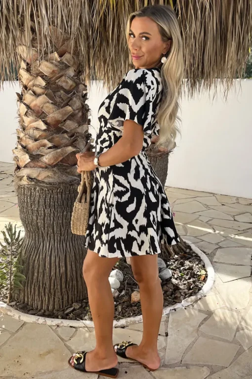Black And White Abstract Print Wrap Top Skater Mini Dress