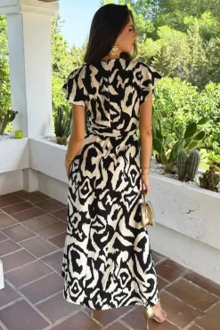 Black And White Abstract Print Short Sleeve Belted Wrap Midi Dress