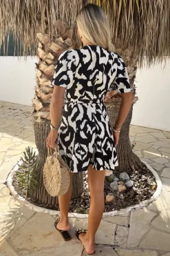 Black And White Abstract Print Wrap Top Skater Mini Dress