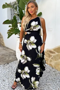 Black And White Floral Print One Shoulder Cut Out Pleated Midi Dress