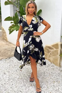 Black And White Floral Print Frill Hem Wrap Midi Dress