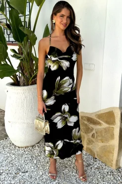 Black And White Floral Print Strappy Twist Back Slip Midi Dress