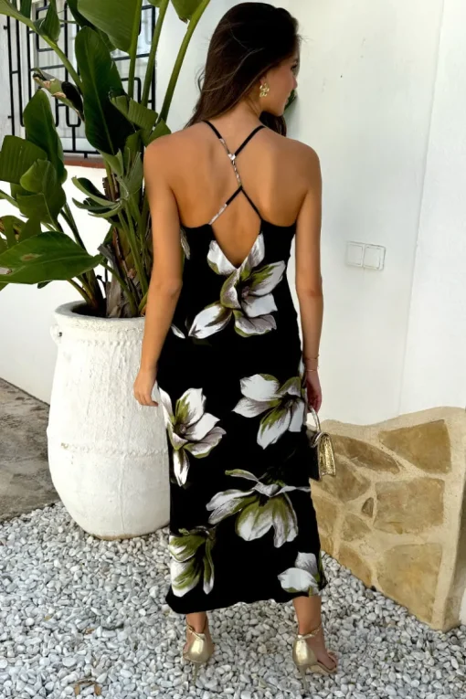 Black And White Floral Print Strappy Twist Back Slip Midi Dress