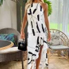 Black And White Frill Hem High Neck Midi Dress
