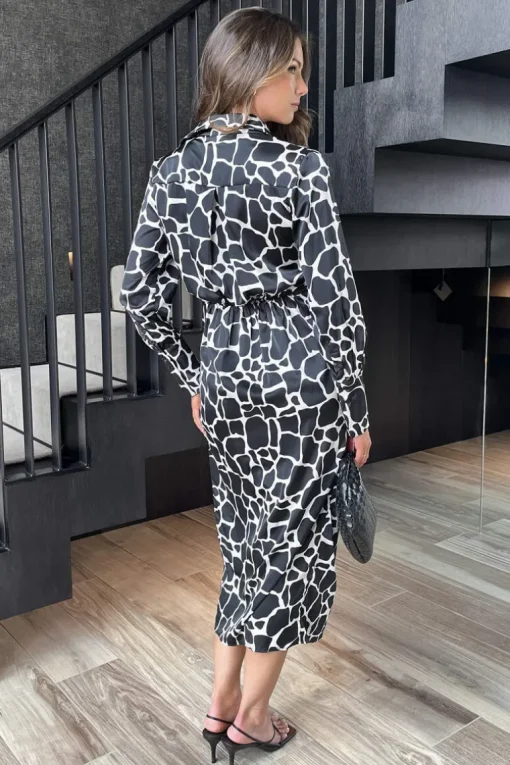 Black And White Giraffe Print Side Tie Waist Wrap Midi Dress