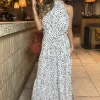 Black And White Halterneck Tie Waist Midi Dress