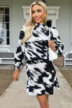 Black and White High Neck Long Sleeve Skater Dress