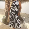 Black And White Leaf Print Sleeveless Tiered Smock Midi Dress