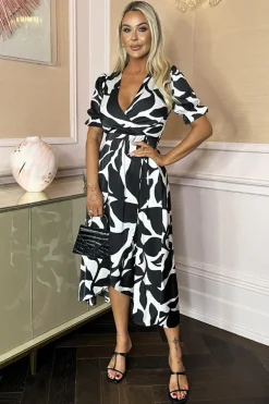 Black And White Leaf Print Puff Sleeve Wrap Midi Dress