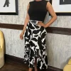 Black And White Leaf Print 2 In 1 Double Frill Split Midi Dress