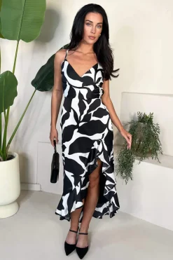 Black And White Leaf Print Strappy Wrap Top High Low Frill Hem Midi Dress