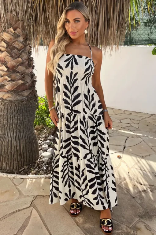 Black And White Leaf Print Tie Neck Shirred Top Smock Midi Dress
