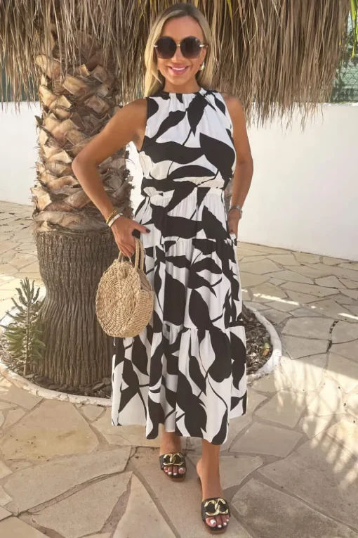 Black And White Leaf Print Sleeveless Tiered Smock Midi Dress