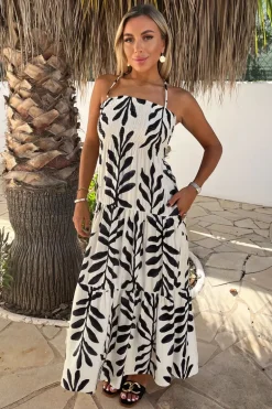 Black And White Leaf Print Tie Neck Shirred Top Smock Midi Dress