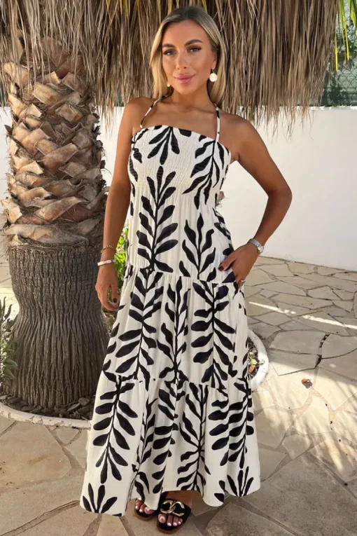 Black And White Leaf Print Tie Neck Shirred Top Smock Midi Dress