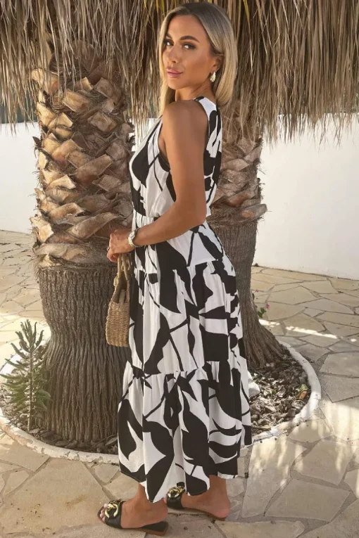 Black And White Leaf Print Sleeveless Tiered Smock Midi Dress