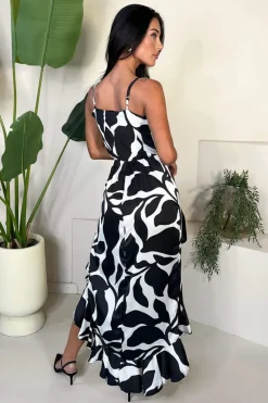 Black And White Leaf Print Strappy Wrap Top High Low Frill Hem Midi Dress