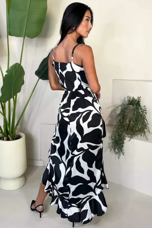 Black And White Leaf Print Strappy Wrap Top High Low Frill Hem Midi Dress