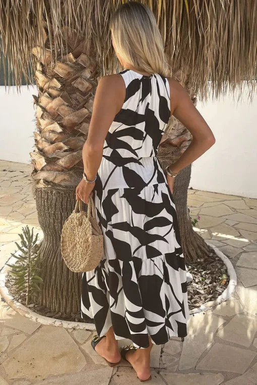 Black And White Leaf Print Sleeveless Tiered Smock Midi Dress