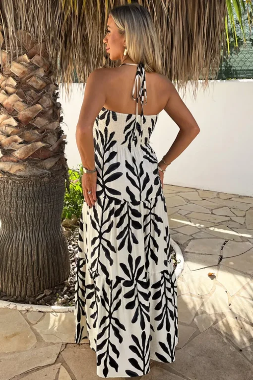 Black And White Leaf Print Tie Neck Shirred Top Smock Midi Dress