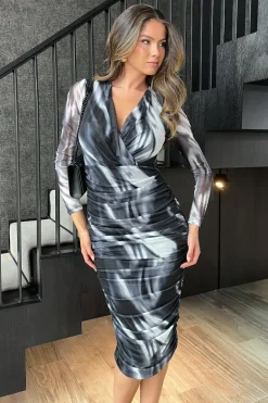 Black And White Marble Print Wrap Long Sleeve Ruched Mesh Midi Dress