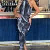 Black And White Marble Print Halter Neck Ruched Mesh Midi Dress