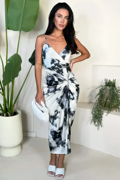 Black And White Marble Print Strappy Wrap Top Knot Skirt Midi Dress