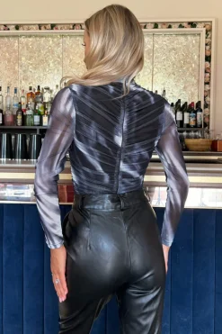 Black And White Marble Print High Neck Long Sleeve Ruched Mesh Bodysuit