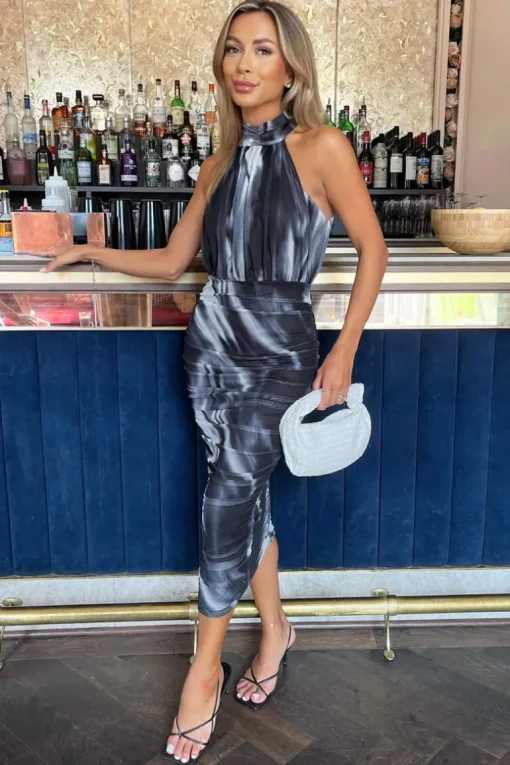 Black And White Marble Print Halter Neck Ruched Mesh Midi Dress