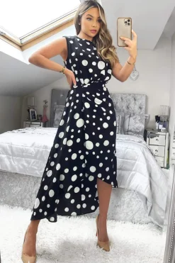 Black And White Polka Dot Gathered Midi Dress