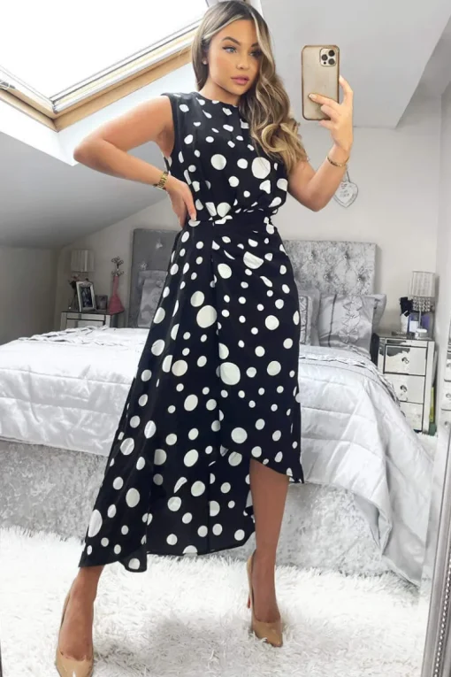 Black And White Polka Dot Gathered Midi Dress