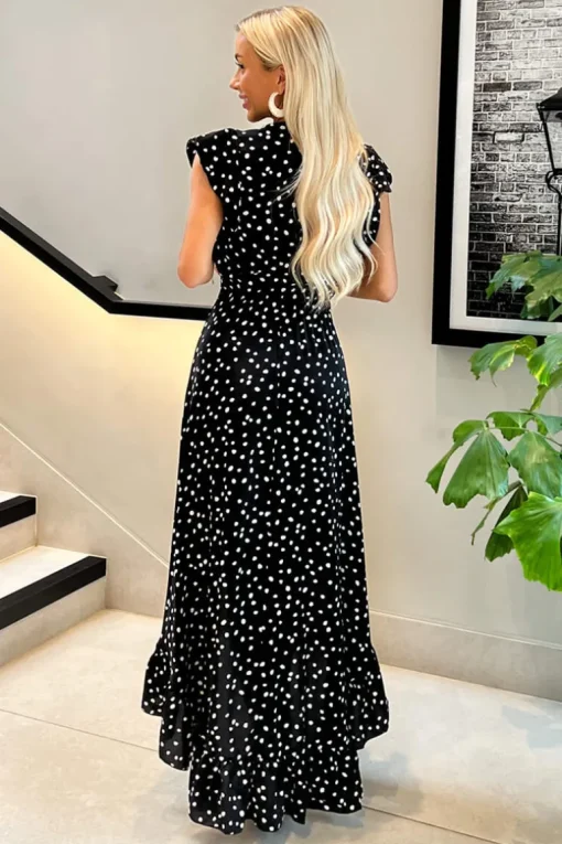 Black And White Polka Dot Wrap Over Top Frill Hem Midi Dress