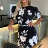 Black And White Print Short Puff Sleeve Gathered Side Mini Dress