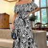 Black And White Printed Bardot Style Midi Dress