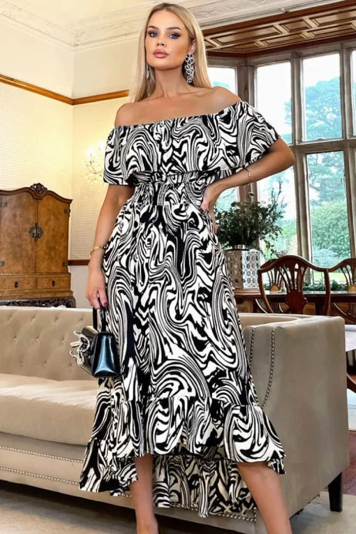 Black And White Printed Bardot Style Midi Dress