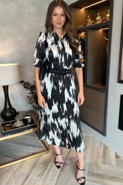 Black And White Printed Short Sleeve Belted Shirt Midi Dress