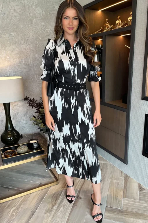 Black And White Printed Short Sleeve Belted Shirt Midi Dress