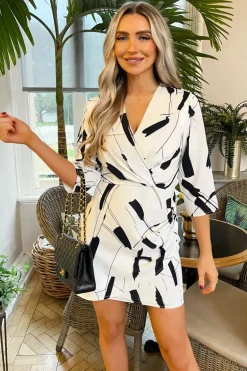 Black And White Printed Wrap Top Mini Dress