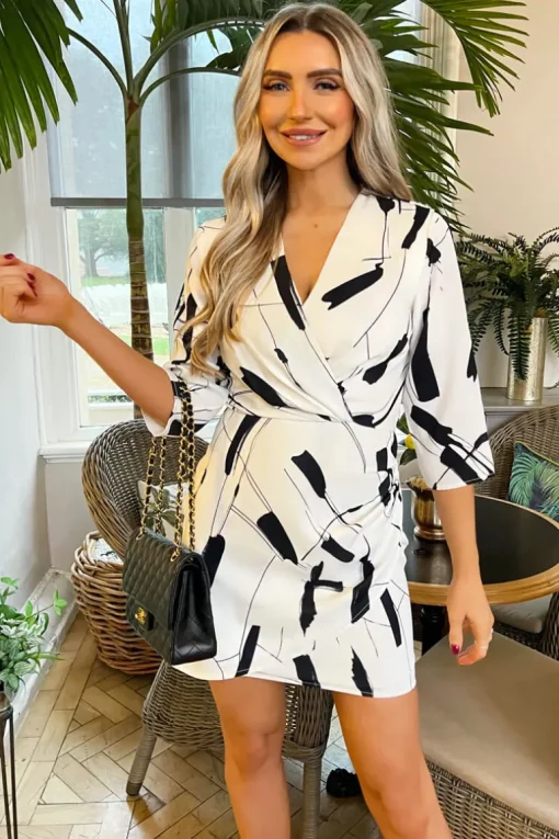 Black And White Printed Wrap Top Mini Dress