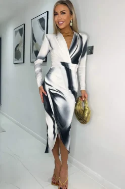 Black and White Wave Print Long Sleeve Wrap Midi Dress