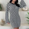 Black And White Zig Zag Long Sleeve Crochet Mini Dress