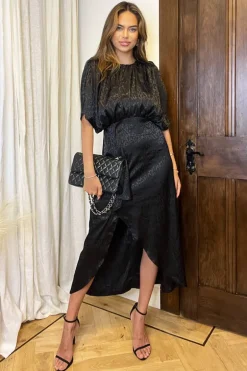 Black Animal Print Batwing Gathered Top Midi Dress