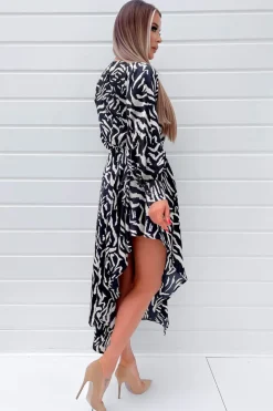 Black Animal Print High Low Skirt Midi Dress